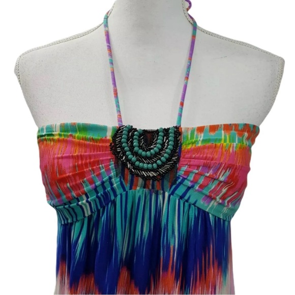 Heartsoul Womens Maxi Halter Dress Ikat Multicolor Beach Lounge Sz S - Picture 4 of 13